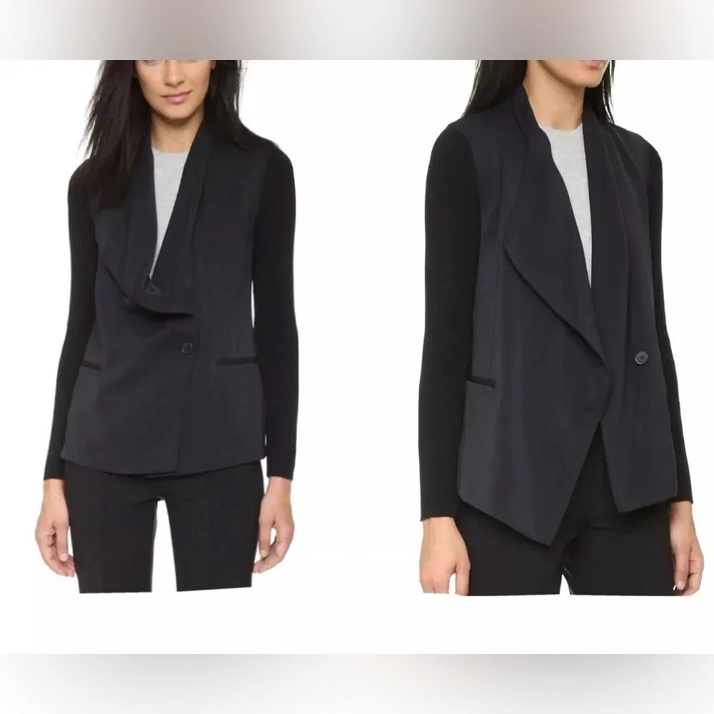 Vince Black Mixed Media Ribbed Knit Sleeve Draped Shawl Collar‎ Blazer Jacket 6